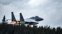 An F-15 Eagle aircraft takes off from Eielson Air Force Base, Alaska