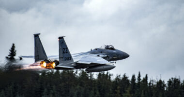 An F-15 Eagle aircraft takes off from Eielson Air Force Base, Alaska