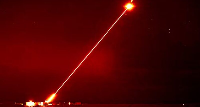 The UK's DragonFire laser directed energy weapon engages aerial targets.