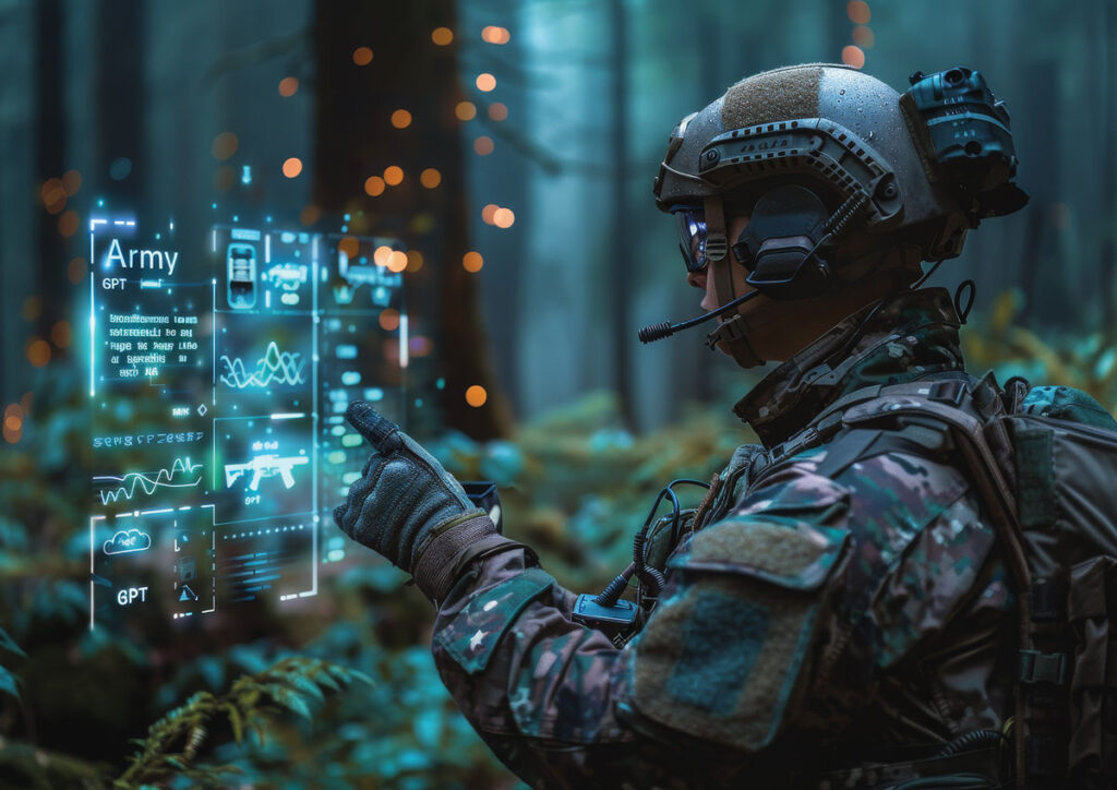 A soldier uses a handheld device to employ artificial intelligence for data analysis