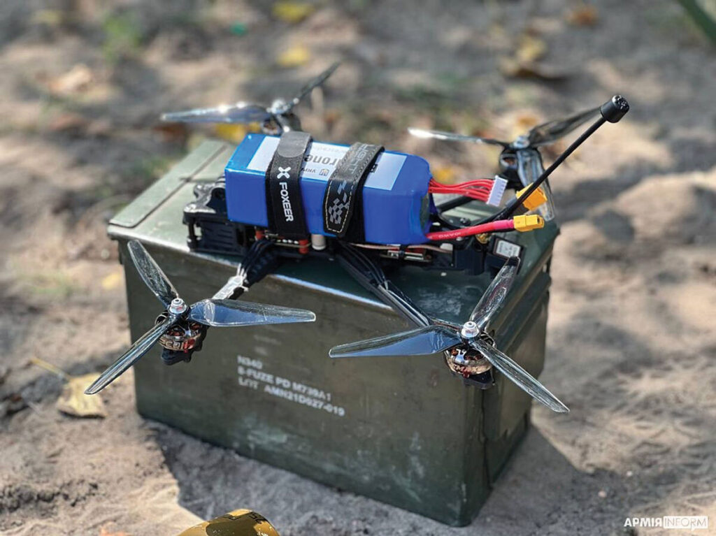 A Ukrainian loitering munition, built from a first-person-view drone, ready for deployment